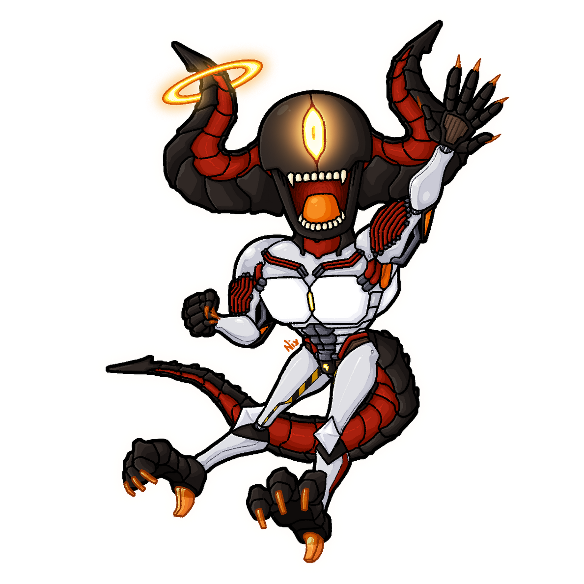 Phobos Anomaly's mascot, DELTA the Non-Entity - a cyclopean demon/cyborg/dragon hybrid, featuring silver metal plating on it's body, a carbon black head and horns, and a long segmented tail with a red underside. On it's right horn is a glowing gold halo. T